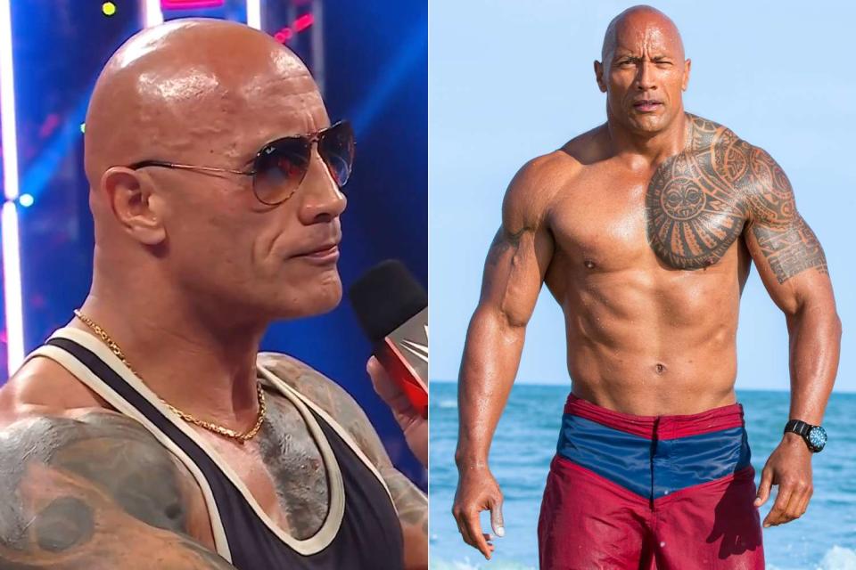 <p>WWE/X; Frank Masi/Paramount Pictured</p> Dwayne Johnson on WWE Raw and in 