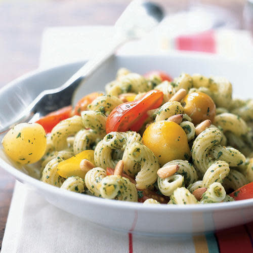 Cavatappi with Arugula Pesto and Cherry Tomatoes