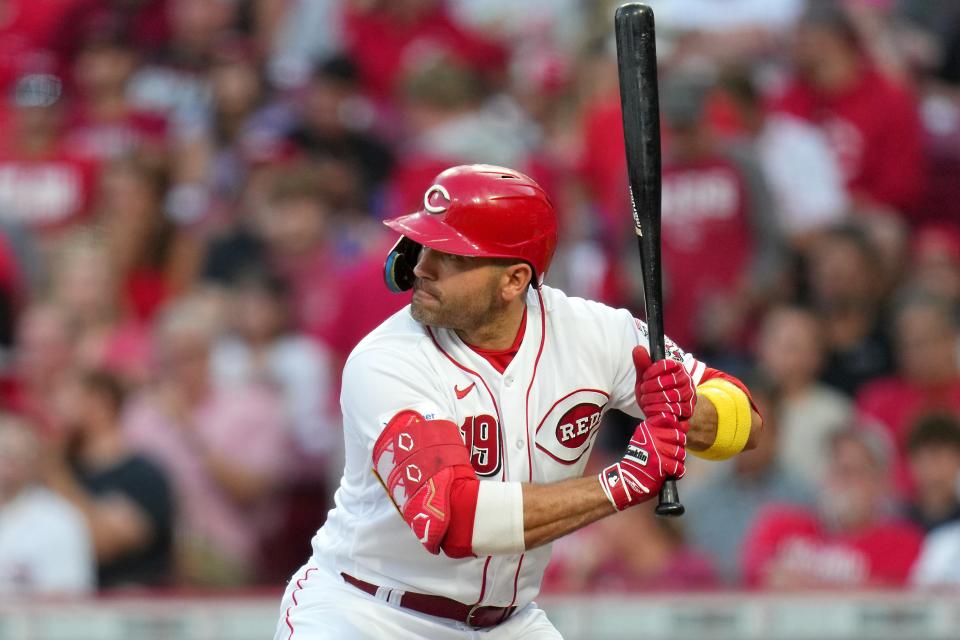 Cincinnati Reds first baseman Joey Votto (19) gets ready for a pitch with two strikes in the second inning of a baseball game against the Minnesota Twins, Tuesday, Sept. 19, 2023, at Great American Ball Park in Cincinnati.