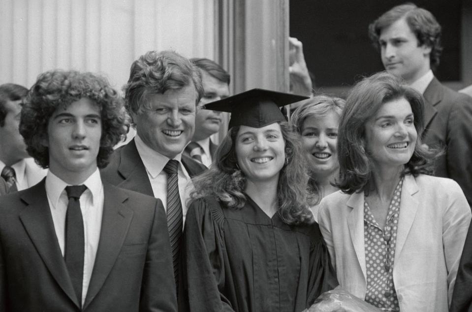 <p>Caroline Kennedy graduated from Radcliffe at a joint session during Harvard University's 329th Commencement. The family was there to offer congratulations. Left to right are John Jr., Senator Edward Kennedy, Caroline and her mother Jacqueline.</p>