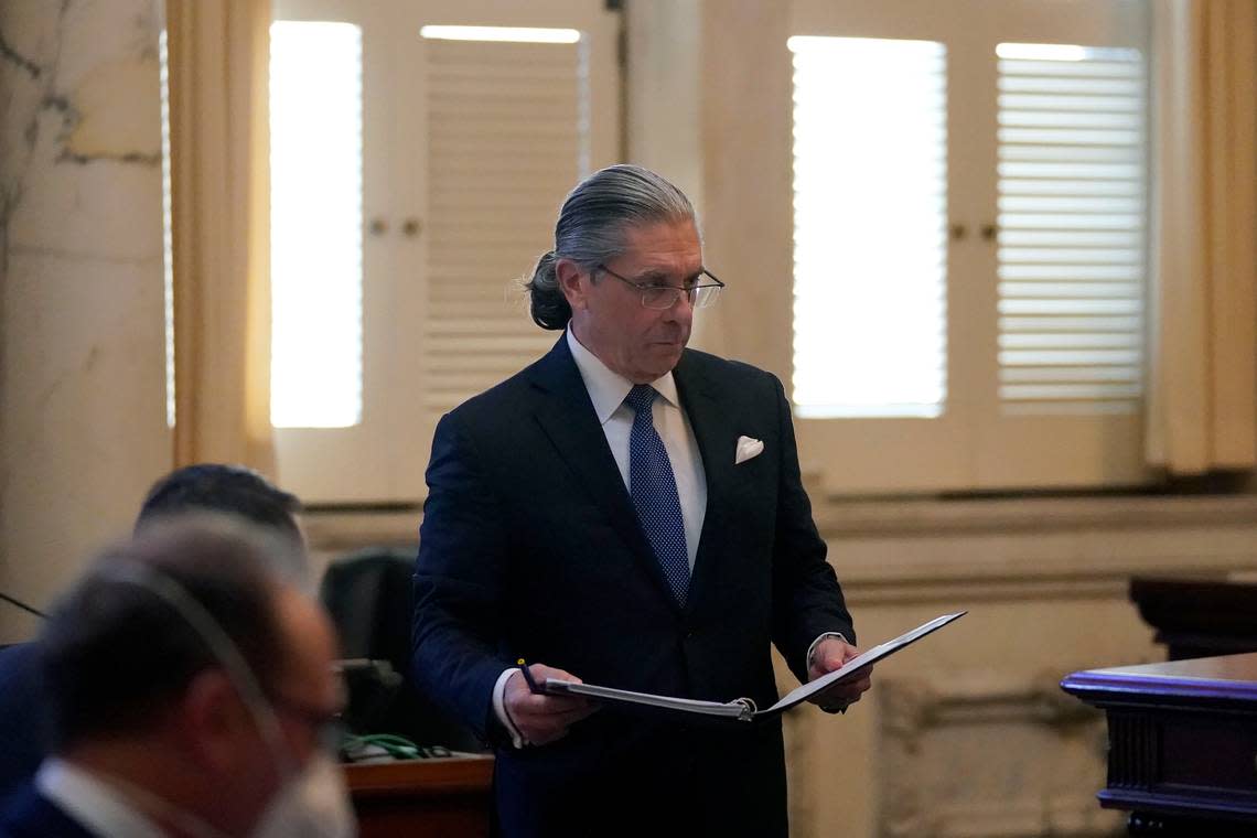 Attorney Mark Perry, representing Apple, approaches the podium to give arguments at the Ninth Circuit Court of Appeals in San Francisco, Monday, Nov. 14, 2022. Apple is heading into a courtroom faceoff against Epic Games, the company behind the popular Fortnite video game, reviving a high-stakes antitrust battle over whether the digital fortress shielding the iPhone’s app store illegally enriches the world’s most valuable company while stifling competition.