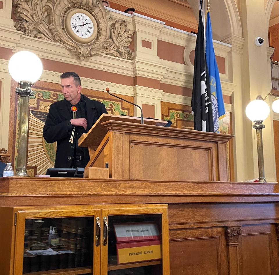 Peter Lengkeek, the Crow Creek Tribal Chairman, prepares to address the 98th Session of the South Dakota Legislature on Thursday, Jan. 12, 2023.