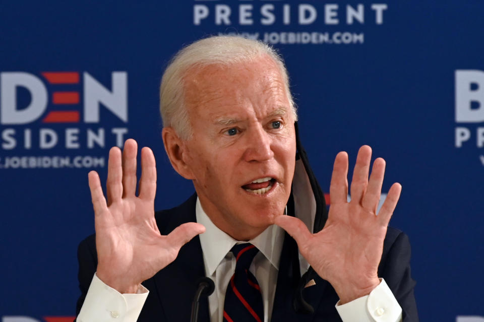 Democratic presidential candidate Joe Biden holds a roundtable meeting on reopening the economy with community leaders at the Enterprise Center in Philadelphia, Pennsylvania, on June 11, 2020. (Photo by JIM WATSON / AFP) (Photo by JIM WATSON/AFP via Getty Images)