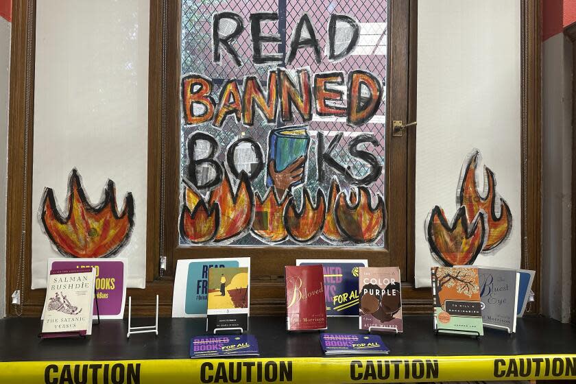 A Banned Books Week display is at the Mott Haven branch of the New York Public Library in the Bronx borough of New York City on Saturday, October 7, 2023. (AP Photo/Ted Shaffrey)
