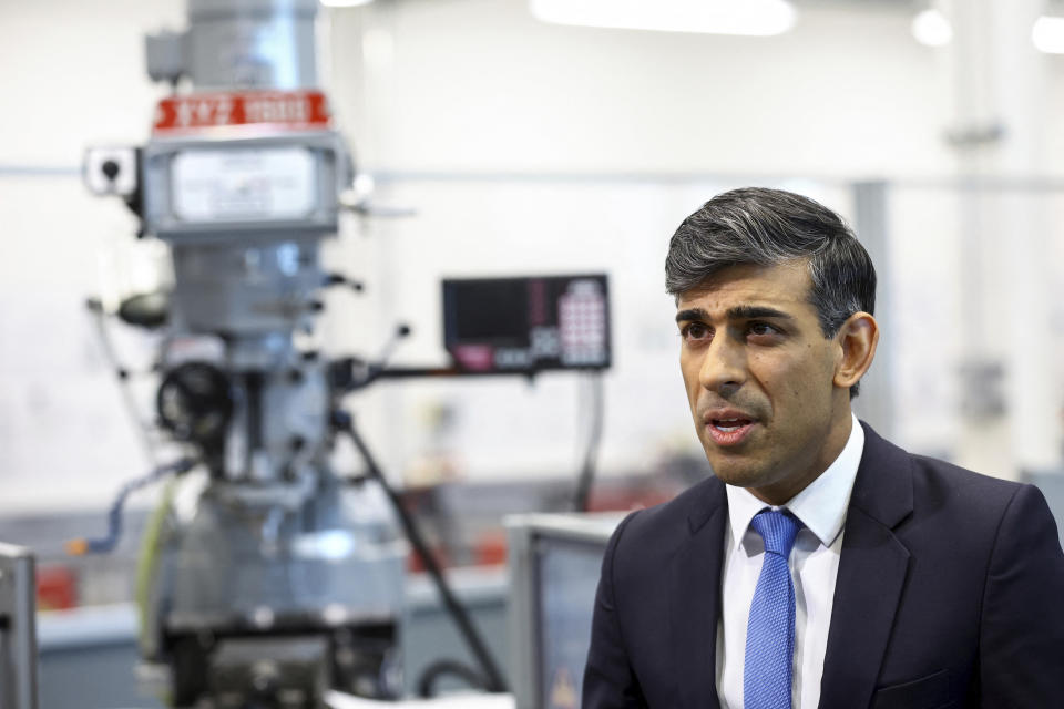 Britain's Prime Minister Rishi Sunak speaks as he visits an apprentice training centre at the Manufacturing Technology Centre (MTC), in Coventry, England, Monday March 18, 2024. (Carl Recine/Pool via AP)