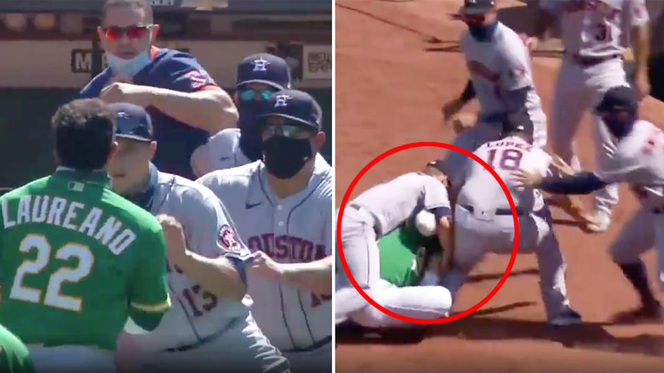 Pictured here, Ramón Laureano gets tackled by Dustin Garneau after a wild MLB melee.