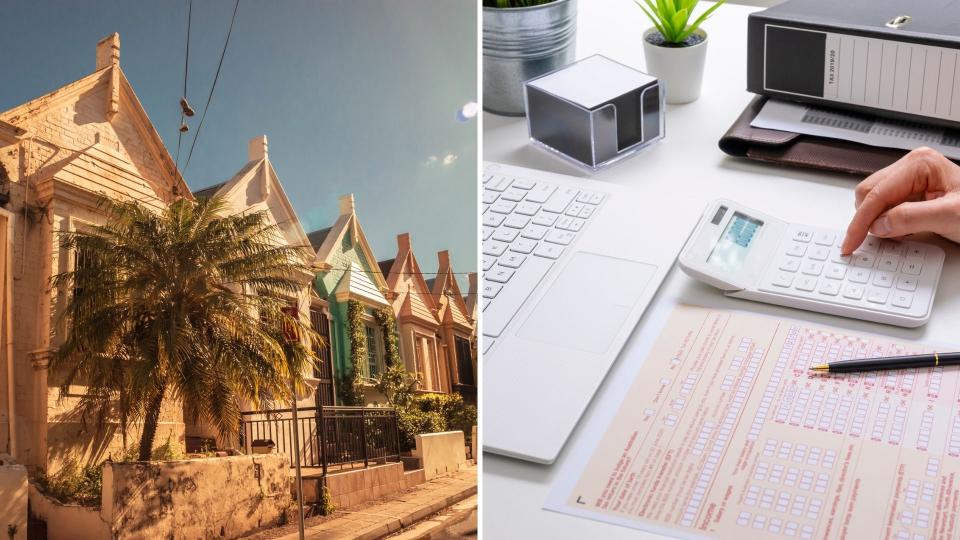 Australian houses on street, desk with calculator, laptop and ATO tax form. 