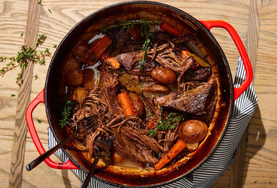 <p>Apple cider adds a subtle sweetness to a <a href="https://www.delish.com/cooking/recipe-ideas/a25605916/instant-pot-pot-roast-recipe/" rel="nofollow noopener" target="_blank" data-ylk="slk:classic brisket;elm:context_link;itc:0;sec:content-canvas" class="link ">classic brisket</a>, and after letting it braise low and slow, it will be as tender as possible. Letting the potatoes and carrots cook with the brisket flavors them from the inside out, and the whole dish will be deeply savory. The veggies cooked along with any kind of roasted or braised meat, like in a <a href="https://www.delish.com/cooking/recipe-ideas/a22813471/classic-roast-chicken-recipe/" rel="nofollow noopener" target="_blank" data-ylk="slk:roast chicken;elm:context_link;itc:0;sec:content-canvas" class="link ">roast chicken</a>, are always my favorite. You'll be certainly celebrating having plenty of leftovers after your holiday get-together.<br><br>Get the <strong><a href="https://www.delish.com/cooking/recipe-ideas/a41410745/apple-cider-braised-brisket-recipe/" rel="nofollow noopener" target="_blank" data-ylk="slk:Apple Cider Braised Brisket recipe;elm:context_link;itc:0;sec:content-canvas" class="link ">Apple Cider Braised Brisket recipe</a></strong>. </p>