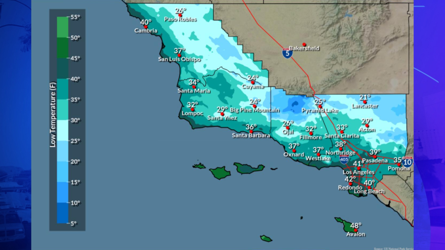 Low temperatures for Monday morning are seen in this map.