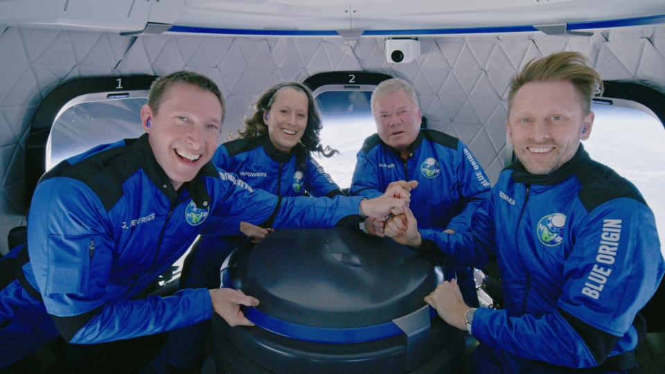 Glen de Vries, Audrey Powers, Shatner and Chris Boshuizen aboard Blue Origin's NS-18 flight in Shatner in Space. (Photo: Amazon Prime Video)