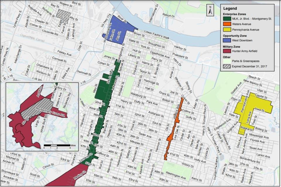 A map of Savannah's Enterprise Zones, which offer property tax abatements for businesses in the hopes of revitalizing commercial corridors across the city.
