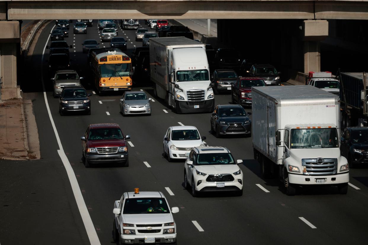 Traffic travels southbound along I-95 on November 23, 2021 in Springfield, Virginia. AAA says that 90% of Thanksgiving travelers will be traveling by car, with more than 53 million people traveling in total in the days leading up to the holiday.
