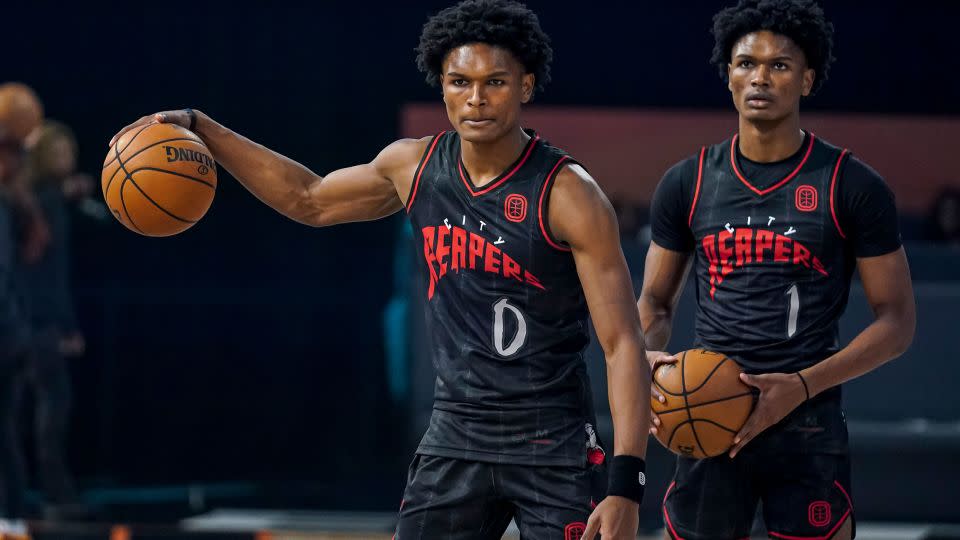 Ausar Thompson (left) and Amen Thompson (right) before the City Reapers' game against the Cold Hearts at Overtime Elite. - Dale Zanine/USA Today Sports/Reuters