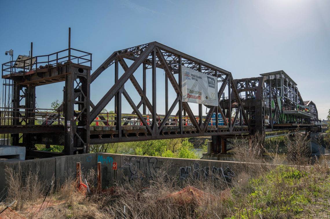 Minor construction additions are seen at Rock Island Bridge on Wednesday, April 17, 2024, in Kansas City, Kansas.