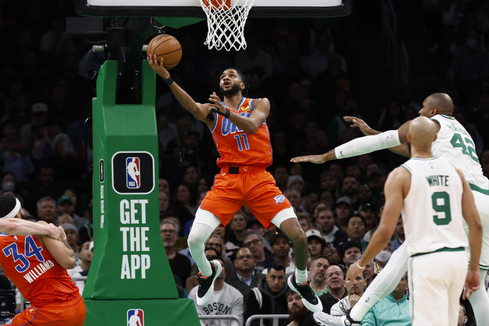 Oklahoma City Thunder's Isaiah Joe shoots against the Boston Celtics during the first half of an NBA basketball game Wednesday, April 3, 2024, in Boston. (AP Photo/Winslow Townson)