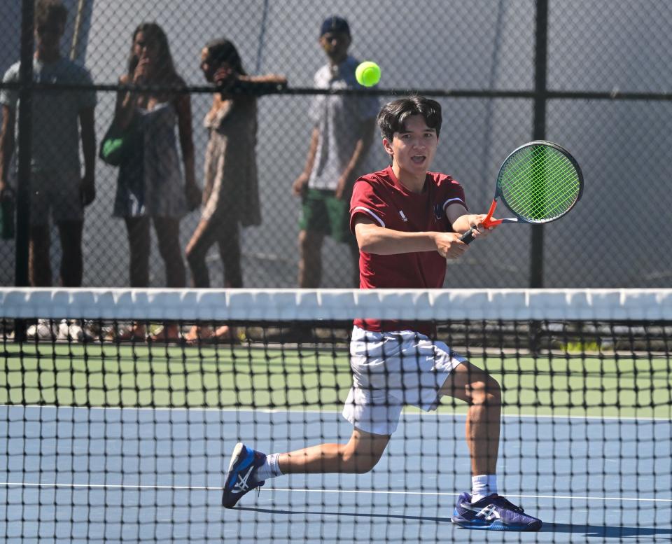 Westborough third singles Jordan Hlawek returns the ball during the Division 2 state tennis championship game versus Duxbury at MIT, Saturday, June 15, 2024.