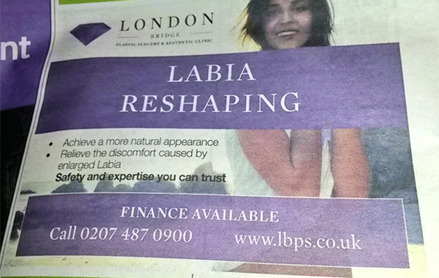 This ad for labia reshaping was banned for implying women's body parts were not natural and should be altered. Photo: Twitter