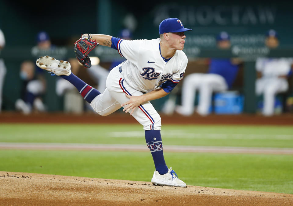 Texas Rangers starting pitcher Kolby Allard (39) throws during the first inning of a baseball game against the Tampa Bay Rays, Saturday, June 5, 2021, in Arlington, Texas. (AP Photo/Brandon Wade)