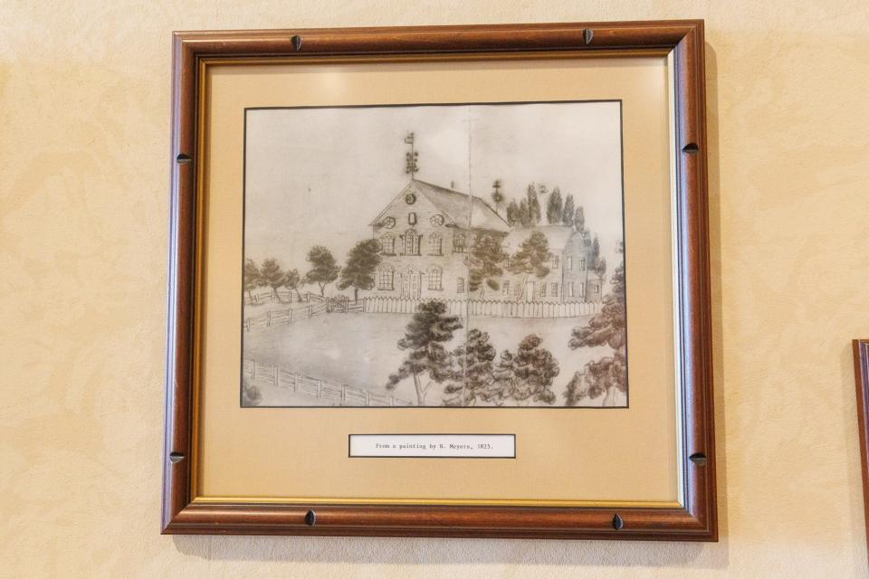 A drawing of the Conewago Chapel from 1825 is seen, Thursday, Jan. 4, 2024, in Conewago Township.