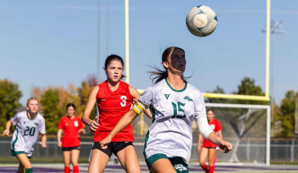 Eagle junior Naomi Hilbig gains control of the ball on a throw-in during their game against Boise in the 5A girls soccer state tournament semifinals, Friday, Oct. 20, 2023 at Rocky Mountain High School. Boise defeated Eagle 1-0.