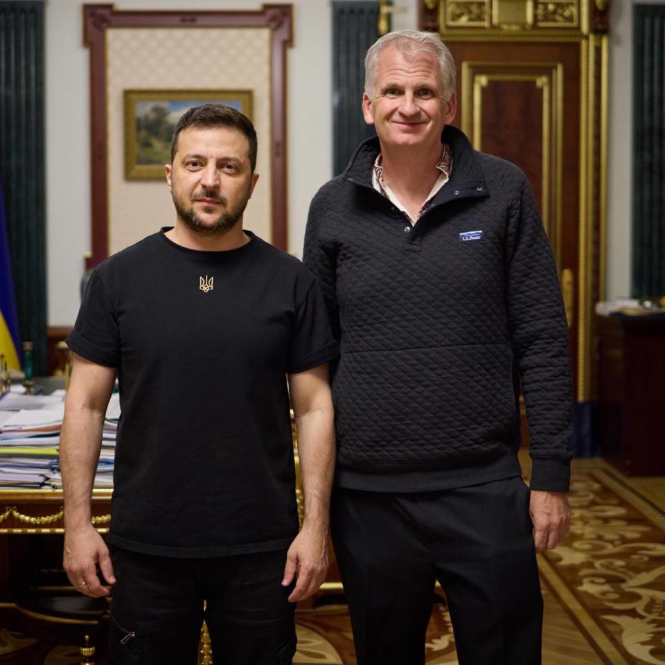 Ukrainian President Volodymyr Zelenskyy, left, meets in 2022 in Kyiv with Yale professor Timothy Snyder, an ambassador with the president's funding platform United24.