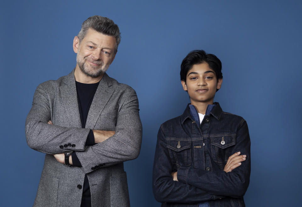 In this Nov. 28, 2018 photo, Andy Serkis, left, and Rohan Chand pose for a portrait at the Four Seasons Hotel in Los Angeles to promote their film "Mowgli: Legend of the Jungle," streaming on Nextflix on Friday, Dec. 7. (Photo by Rebecca Cabage/Invision/AP)