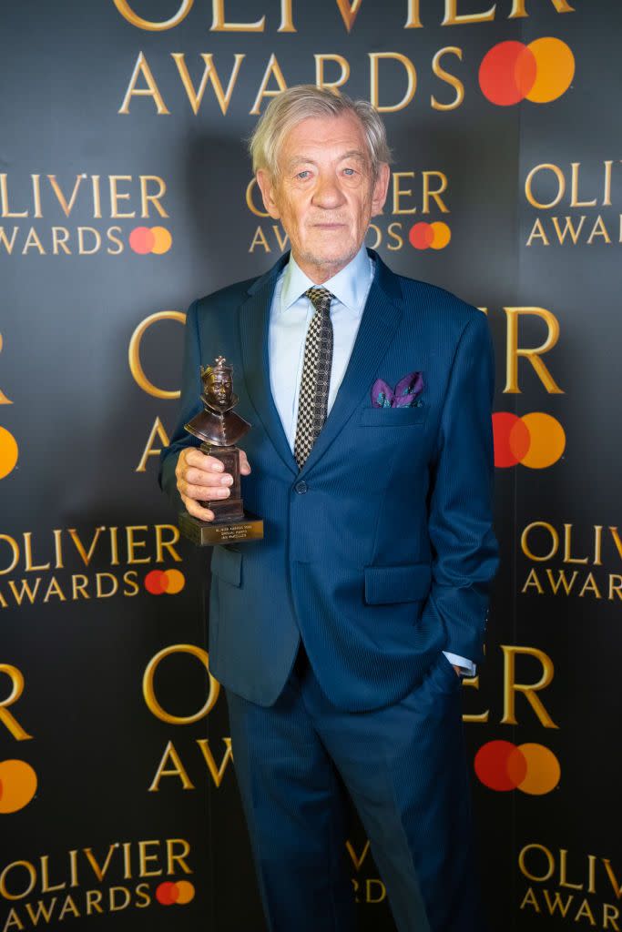 ian mckellen poses with the olivier special award during the olivier awards 2020 with mastercard at the london palladium on october 20, 2020 in london, england