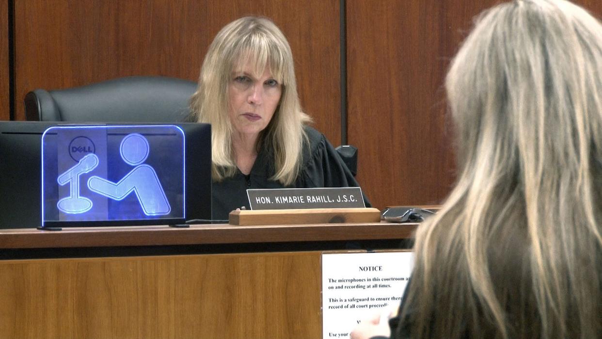 Superior Court Judge Kimarie Rahill listens to Ocean County Assistant Prosecutor Victoria Veni during the sentencing for Angelo Grenci at the Ocean County Courthouse in Toms River Friday, April 19, 2024. Grenci was sentencing for aggravated manslaughter in the 2020 fatal stabbing in Berkeley Township of Carlton Williams.