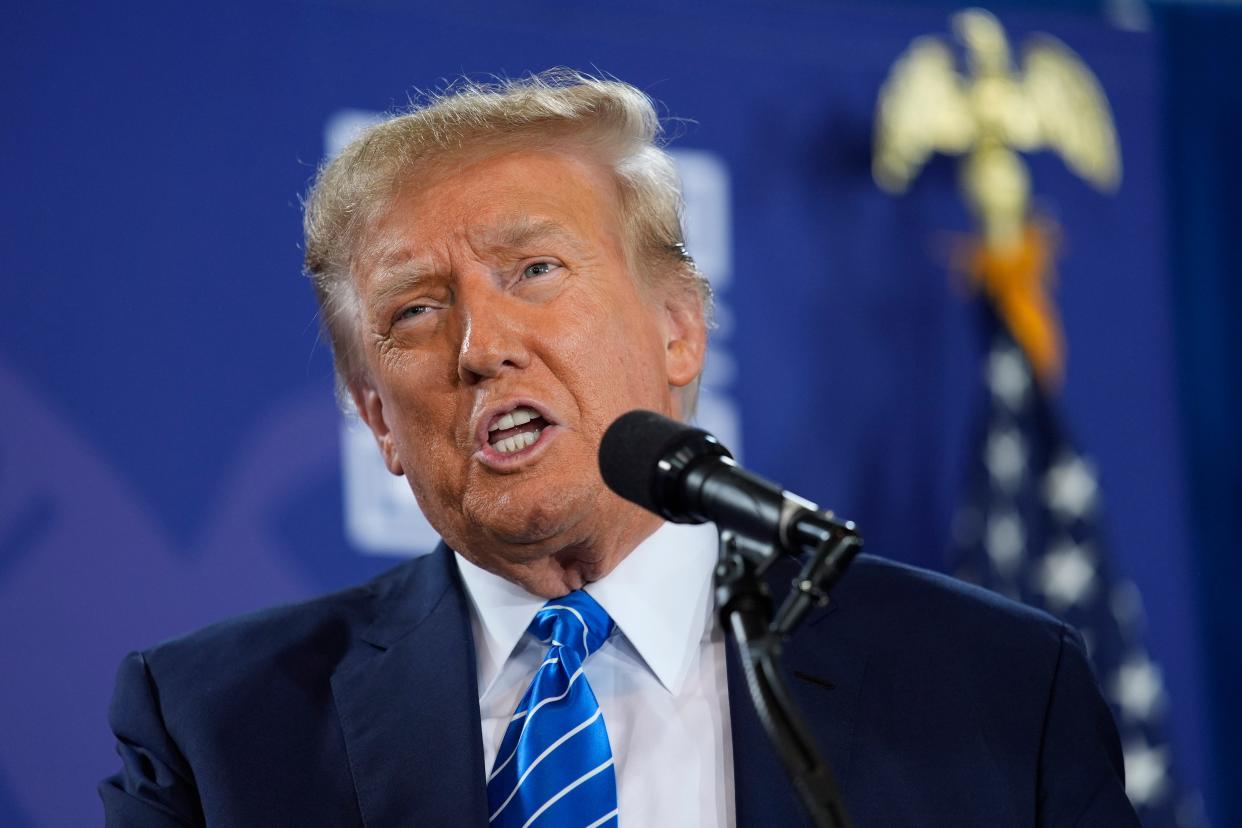 Republican presidential candidate former President Donald Trump speaks at a campaign event Saturday, Jan. 27, 2024, in Las Vegas. (AP Photo/John Locher) ORG XMIT: NYOTK