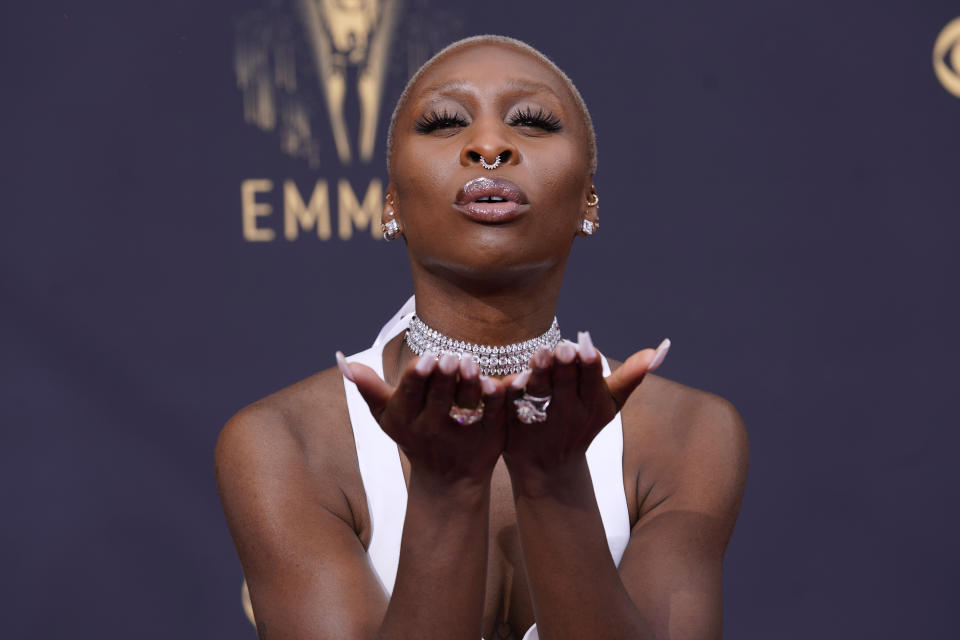 Cynthia Erivo arrives at the 73rd Primetime Emmy Awards on Sunday, Sept. 19, 2021, at L.A. Live in Los Angeles. (AP Photo/Chris Pizzello)