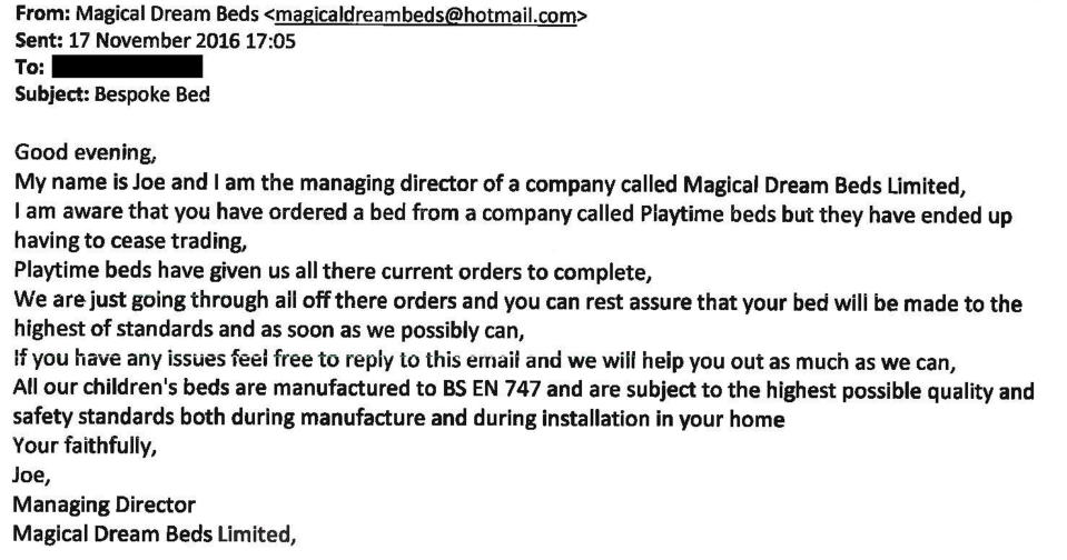 An email released by North Yorkshire Police, in which Joseph Bruce tells a Playtime Beds Ltd customer that operations have been taken over by Magical Dream Beds. (PA)