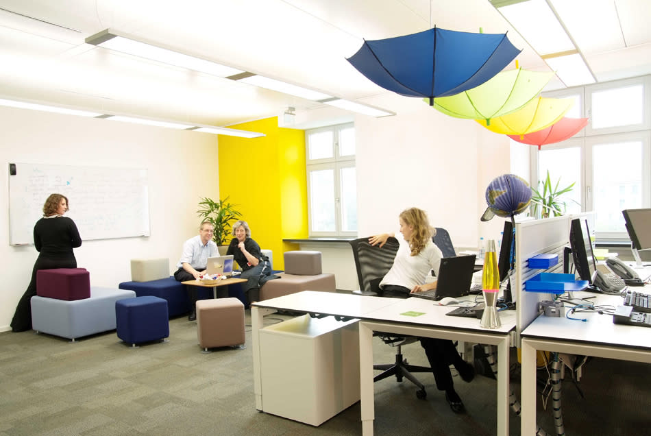 Check out the colourful umbrellas decorating the cubicle