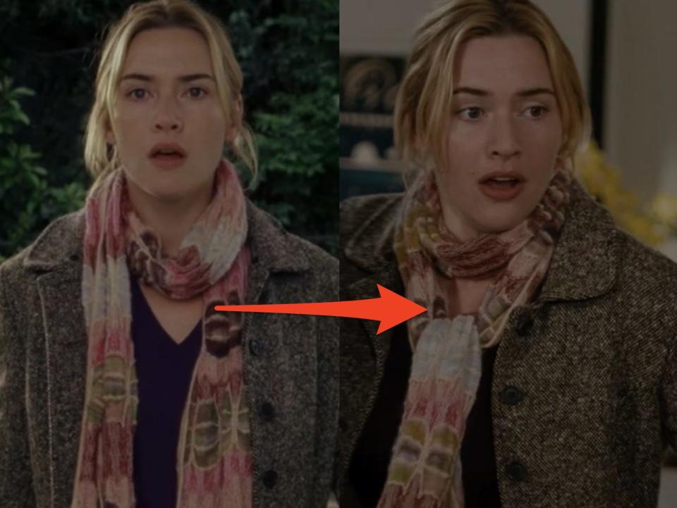 iris wearing a scarf tied loosely and iris wearing a scarf tied tighter in the holiday with an arrow connecting the two