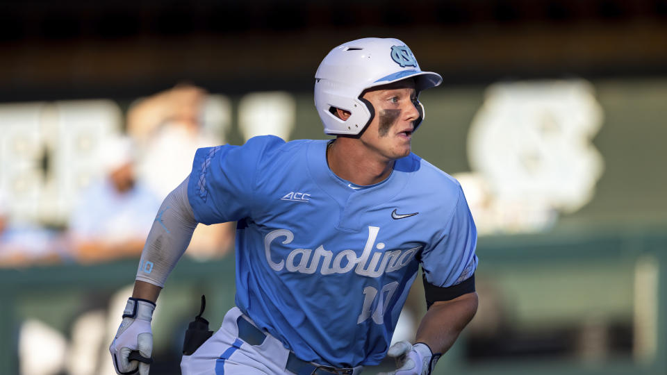 North Carolina’s Mac Horvath (10) runs to first base during an NCAA baseball game on Saturday, June 4, 2022, in Chapel Hill, N.C. (AP Photo/Ben McKeown)