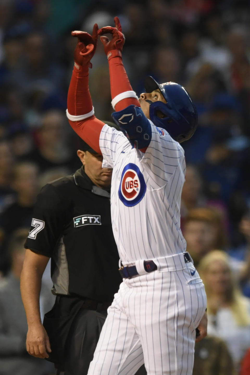 Chicago Cubs' Christopher Morel celebrates at home plate after hitting a two-run home run during the third inning of baseball game against the Washington Nationals, Monday, Aug. 8, 2022, in Chicago. (AP Photo/Paul Beaty)