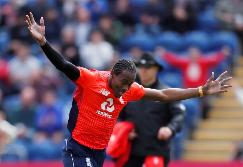 FILE PHOTO: England's Jofra Archer celebrates taking the wicket of Pakistan's Imam-ul-Haq