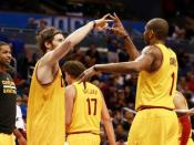 Dec 11, 2015; Orlando, FL, USA; Cleveland Cavaliers guard James Jones (1) celebrates with forward Kevin Love (0) after scoring four three-pointers in a row against the Orlando Magic during the second half at Amway Center. The Cavaliers won 111-76. Mandatory Credit: Kim Klement-USA TODAY Sports