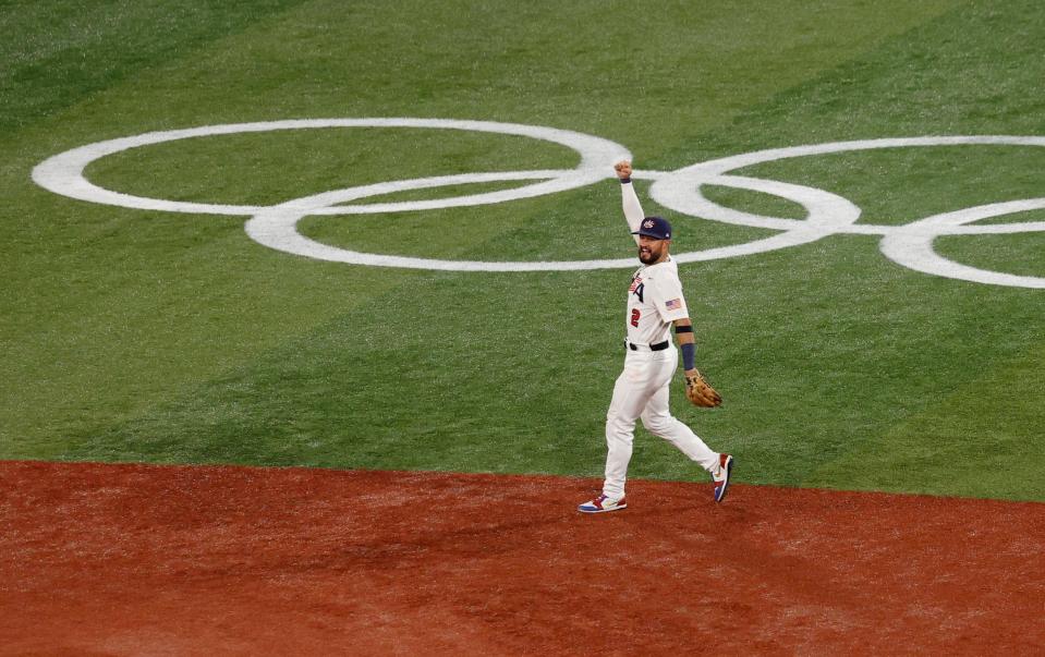 Team United States infielder Eduardo Alvarez (2) celebrates after defeating Korea in a baseball semifinal match during the Tokyo 2020 Olympic Summer Games at Yokohama Baseball Stadium on Aug. 5, 2021.