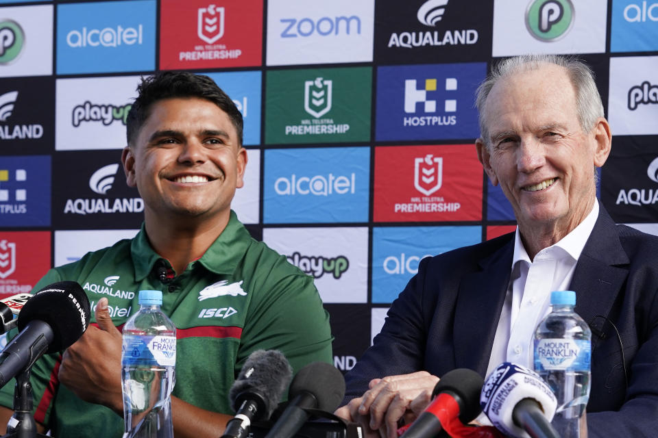 SYDNEY, AUSTRALIA - JANUARY 13: Latrell Mitchell speaks to the media with Souths Head Coach Wayne Bennett during a South Sydney Rabbitohs NRL press conference at Redfern Oval on January 13, 2020 in Sydney, Australia. (Photo by Mark Evans/Getty Images)