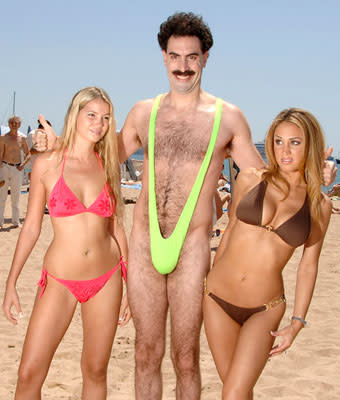 Borat ( Sacha Baron Cohen ) hits the beach at the Cannes Film Festival
