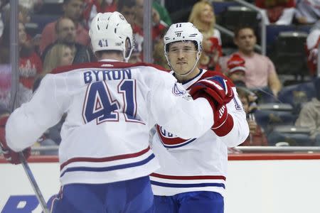 Oct 7, 2017; Washington, DC, USA; Montreal Canadiens right wing Brendan Gallagher (11) celebrates with Montreal Canadiens left wing Paul Byron (41) after scoring a goal during the second period at Verizon Center. The Capitals won 6-1. Mandatory Credit: Amber Searls-USA TODAY Sports