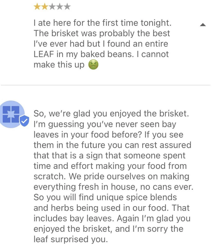 Image with two online reviews praising a restaurant, focusing on the brisket and bay leaves' inclusion in the food