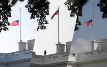 <p>A combination of three photographs shows the U.S. flag atop the White House flying at half staff Sunday morning Aug. 26 in honor of the death of Senator John McCain (top), back at full staff less than 24 hours later on Monday morning August 27 (middle) and then back down to half-staff Monday afternoon (bottom) in Washington, Aug. 27, 2018. (Photos: Joshua Roberts, Kevin Lamarque, Leah Millis/Reuters) </p>