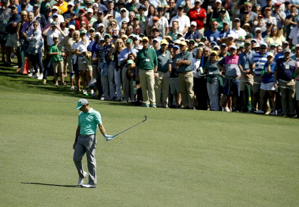 Sergio Garcia, of Spain, reacts after hitting a ball in the water on the 15th hole during the first round at the Masters golf tournament Thursday, April 5, 2018, in Augusta, Ga. Garcia shot an 8-over 13 on the hole. (AP)