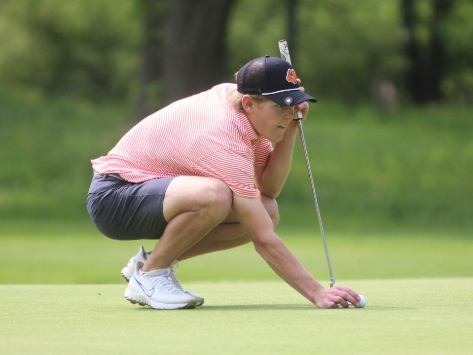 Brighton's Winston Lerch tied for first place with a 71 in the KLAA golf tournament Tuesday, May 23, 2023 at Kensington Metropark Golf Course. He was second overall for the two tournaments.