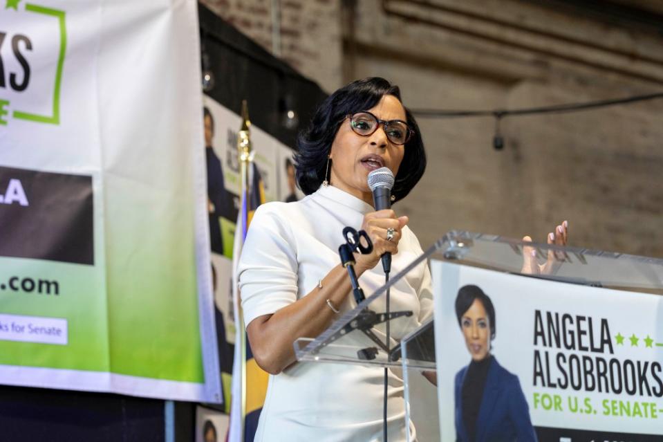 BALTIMORE, MD – OCTOBER 23: Angela Alsobrooks speaks during a campaign event for her run for the U.S. Senate at Monument City Brewing Company in Baltimore, Maryland, on October 23, 2023.(Amanda Andrade-Rhoades/For The Washington Post via Getty Images)