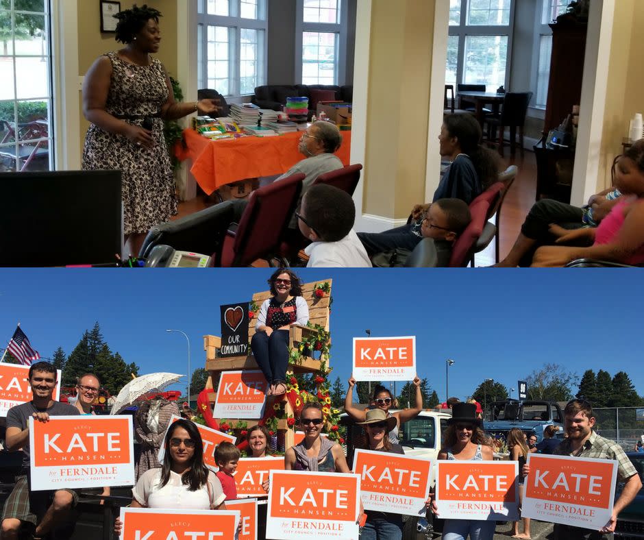 Erica Robbins (top) and Kate Hansen (bottom) on the campaign trail. (Photo: Courtesy of Erica Robbins and Kate Hansen)