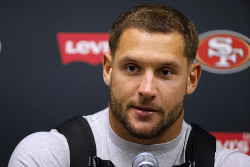 San Francisco 49ers defensive end Nick Bosa speaks during a news conference after an NFL football game against the Minnesota Vikings, Monday, Oct. 23, 2023, in Minneapolis. The Vikings won 22-17. (AP Photo/Bruce Kluckhohn)