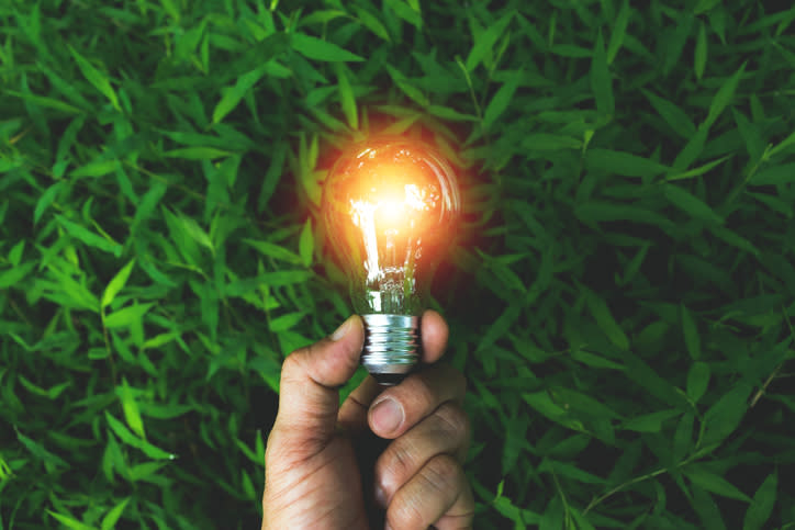 A hand holding a light bulb with green plants in the background.