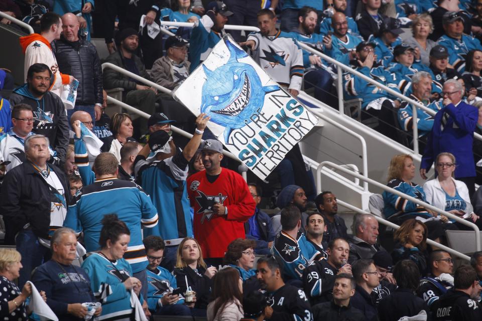 <p>Fans cheer on the San Jose Sharks during the game against the Edmonton Oilers in Game Four of the Western Conference First Round during the 2017 NHL Stanley Cup Playoffs at SAP Center on April 18, 2017 in San Jose, California. (Photo by Rocky W. Widner/NHL/Getty Images) </p>